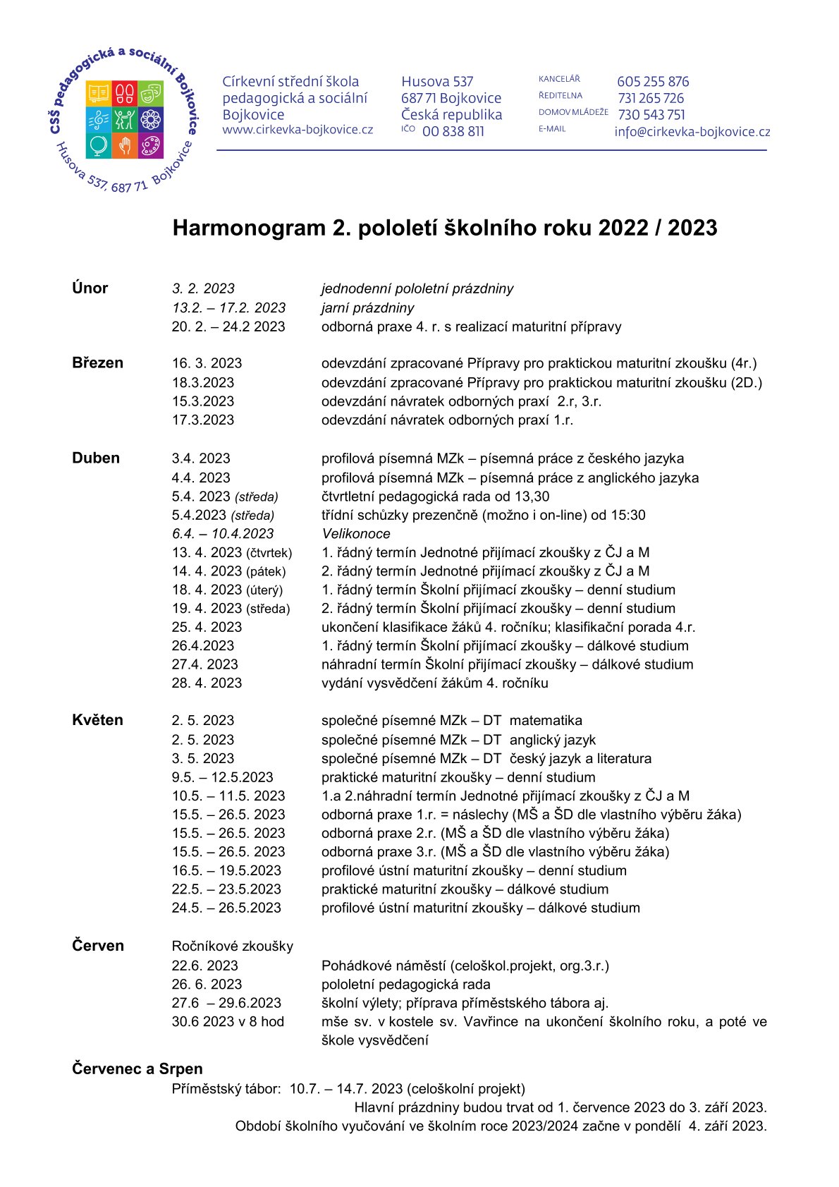 Harmonogram školního roku 2 pololeti 2022 2023