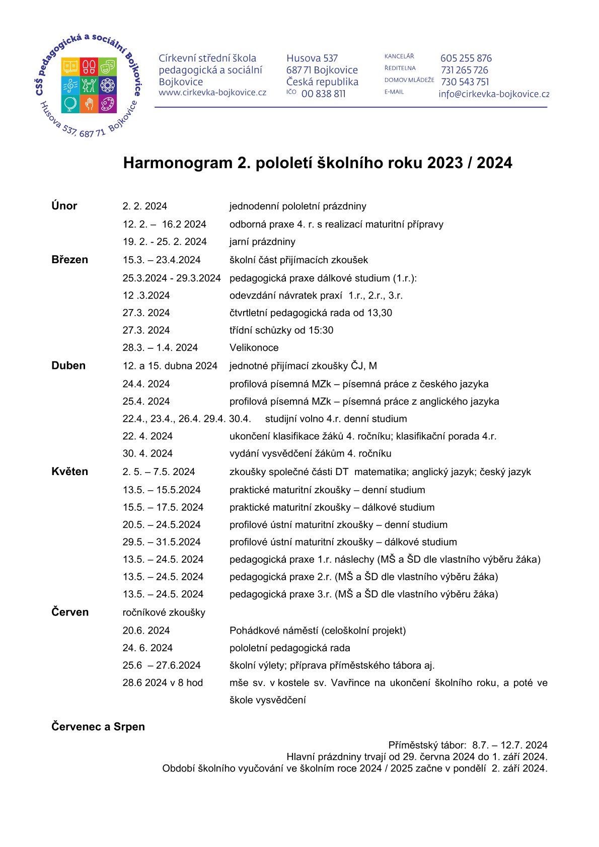 Harmonogram školního roku 2 pololeti 2023 2024