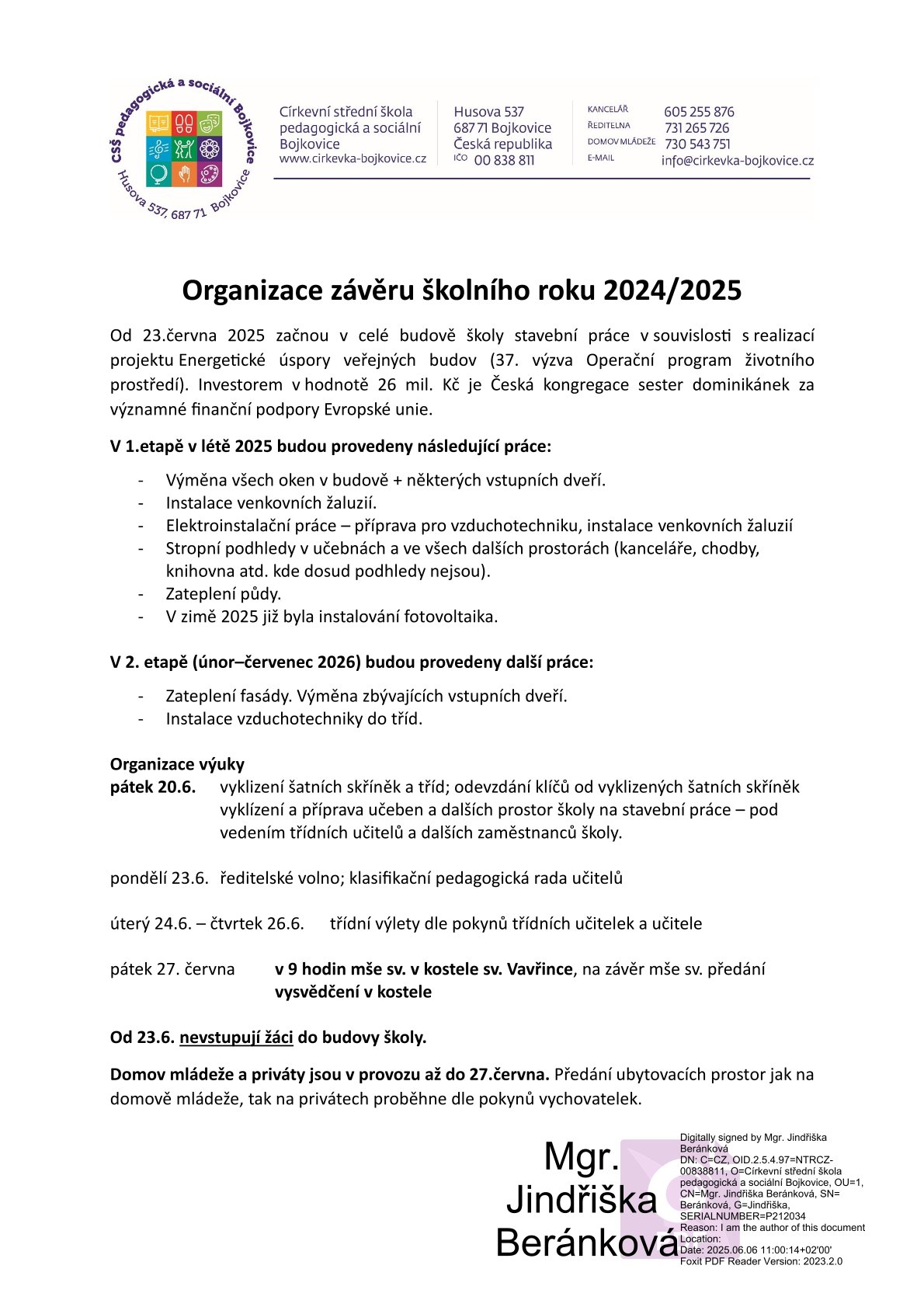 Organizace závěru školního roku 2024 25