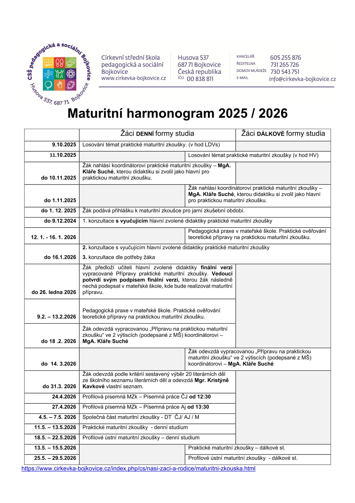 Maturitní harmonogram 2025 2026
